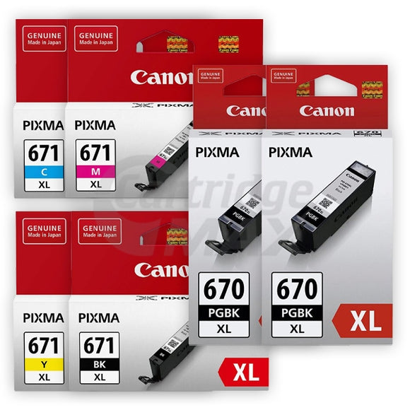 6 Pack Original Canon PGI-670XL, CLI-671XL High Yield Inkjet Combo [2BK,1PBK,1C,1M,1Y]
