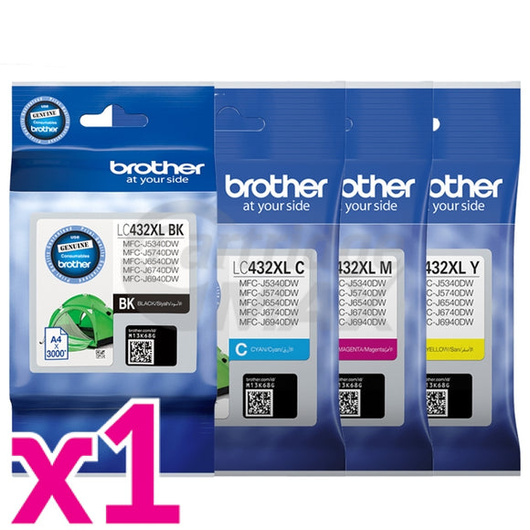 4 Pack Brother LC-432XL Original High Yield Ink Cartridges Combo [1BK, 1C, 1M, 1Y]
