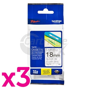 3 x Brother TZe-141 Original 18mm Black Text on Clear Laminated Tape - 8 meters