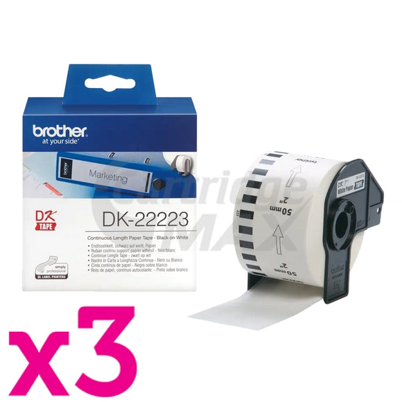 3 x Brother DK-22223 Original Black Text on White Continuous Paper Label Roll 50mm x 30.48m
