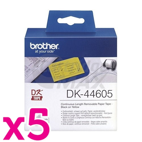 5 x Brother DK-44605 Original Removable Black Text on Yellow Continuous Paper Label Roll 62mm x 30.48m