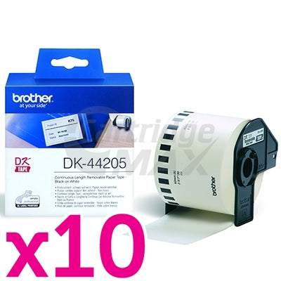 10 x Brother DK-44205 Original Removable Black Text on White Continuous Paper Label Roll 62mm x 30.48m