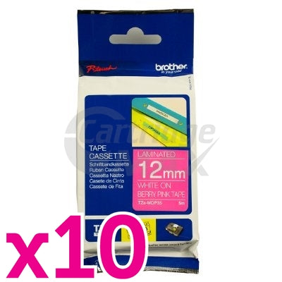 10 x Brother TZe-MQP35 Original 12mm White Text on Berry Pink Laminated Tape - 5 metres