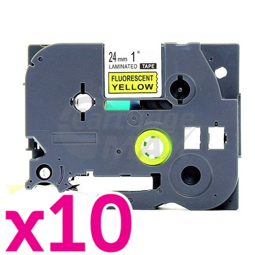10 x Brother TZe-C51 Generic 24mm Black Text on Yellow Fluorescent Laminated Tape - 5 meters