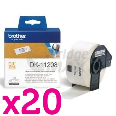 20 x Brother DK-11208 Original Black Text on White Die-Cut Paper Label Roll 38mm x 90mm  - 400 labels per roll