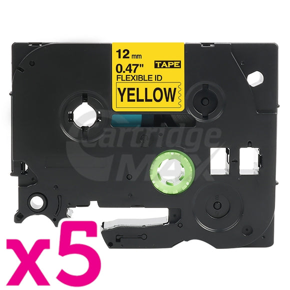 5 x Brother TZe-FX631 Generic 12mm Black Text on Yellow Flexible ID Laminated Tape - 8 metres