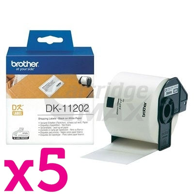 5 x Brother DK-11202 Original Black Text on White Die-Cut Paper Label Roll 62mm x 100mm - 300 labels per roll