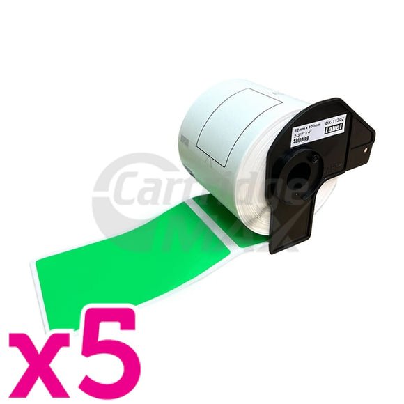 5 x Brother DK-11202 Generic Black Text on Green Die-Cut Paper Label Roll 62mm x 100mm - 300 labels per roll