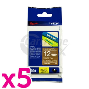 5 x Brother TZe-MQ835 Original 12mm White On Satin Gold Laminated Tape - 5 metres
