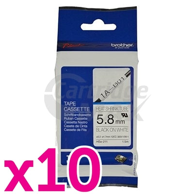 10 x Brother HSe-211 Original 5.8mm Black Text on White Heat Shrink Tube Tape - 1.5 meters