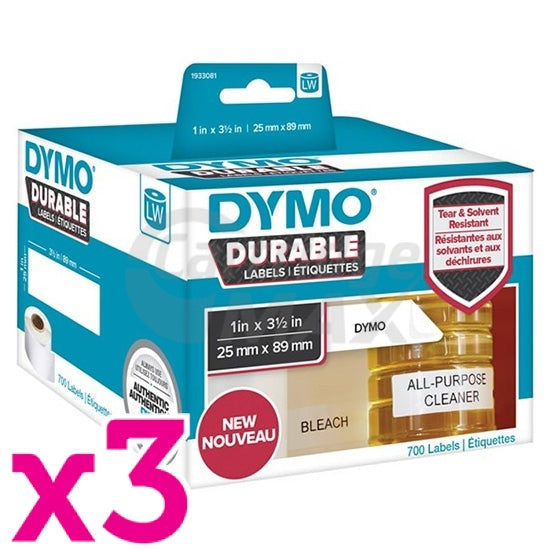 3 x Dymo 1933081 Original Durable Industrial White Label Roll 25mm x 89mm - 700 labels per roll