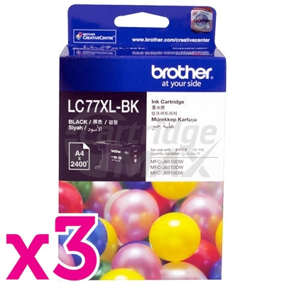 3 x Original Brother LC-77XLBK High Yield Black Ink Cartridge - 2,400 pages each