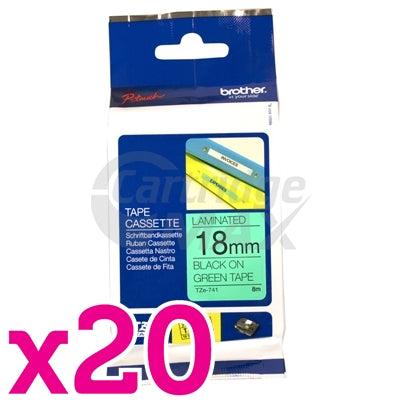 20 x Brother TZe-741 Original 18mm Black Text on Green Laminated Tape - 8 meters