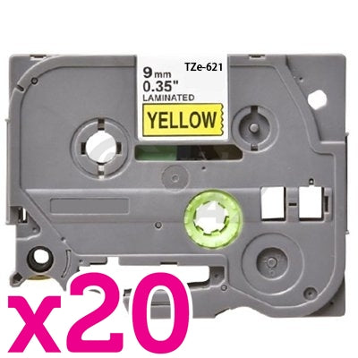 20 x Brother TZe-621 Generic 9mm Black Text on Yellow Laminated Tape - 8 meters
