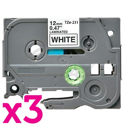 3 x Brother TZe-231 Generic 12mm Black Text on White Laminated Tape - 8 meters