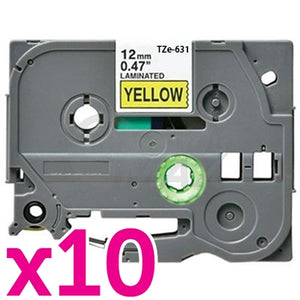 10 x Brother TZe-631 Generic 12mm Black Text on Yellow Laminated Tape - 8 meters