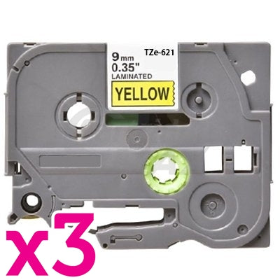 3 x Brother TZe-621 Generic 9mm Black Text on Yellow Laminated Tape - 8 meters