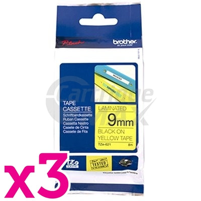 3 x Brother TZe-621 Original 9mm Black Text on Yellow Laminated Tape - 8 meters