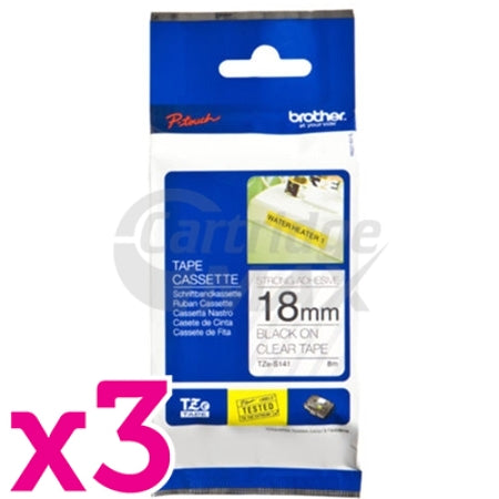 3 x Brother TZe-S141 Original 18mm Black Text on Clear Strong Adhesive Laminated Tape - 8 metres