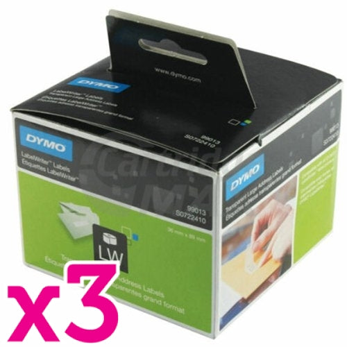 3 x Dymo SD99013 / S0722410 Original Black on Clear Plastic Label Roll 36mm x 89mm - 260 labels per roll