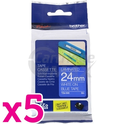 5 x Brother TZe-555 Original 24mm White Text on Blue Laminated Tape - 8 meters