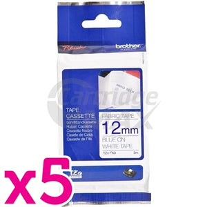 5 x Brother TZe-FA3 Original 12mm Blue Text on White Fabric Tape - 3 meters