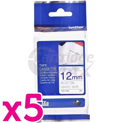 5 x Brother TZe-FA3 Original 12mm Blue Text on White Fabric Tape - 3 meters