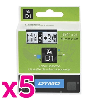 5 x Dymo SD45803 / S0720830 Original 19mm Black Text on White Label Cassette - 7 meters
