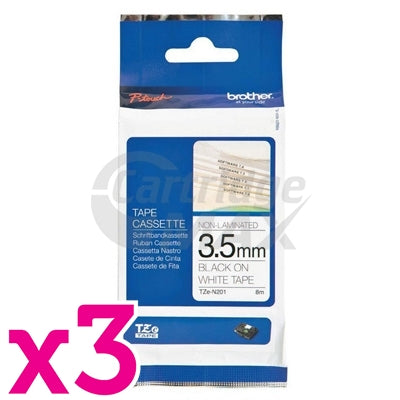 3 x Brother TZe-N201 Original 3.5mm Black Text on White Tape - 8 metres