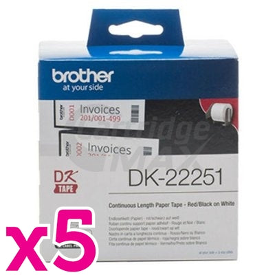 5 x Brother DK-22251 Original Black & Red Text on White Continuous Label Roll 62mm x 15.24m