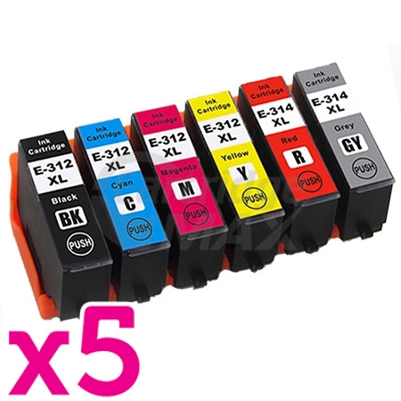 30 Pack Epson 312XL 314XL Generic High Yield Inkjet Cartridge Combo [5BK,5C,5M,5Y,5GY,5R]