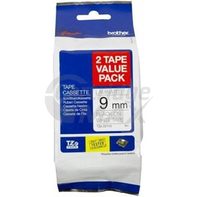 Brother TZe-221V2 Original 9mm Black Text on White (2 Tape Value Pack) - 8 meters