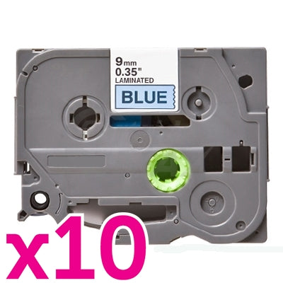 10 x Brother TZe-521 Generic 9mm Black Text on Blue Laminated Tape - 8 meters