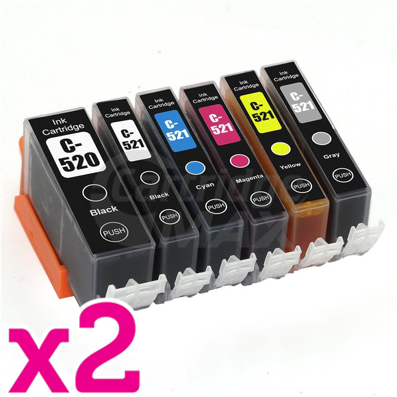 12-Pack Canon PGI-520, CLI-521 Generic Inkjet (with Chip) [2BK,2PBK,2C,2M,2Y,2GY]