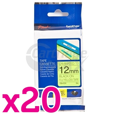 20 x Brother TZe-C31 Original 12mm Black Text on Yellow Fluorescent Laminated Tape - 5 meters