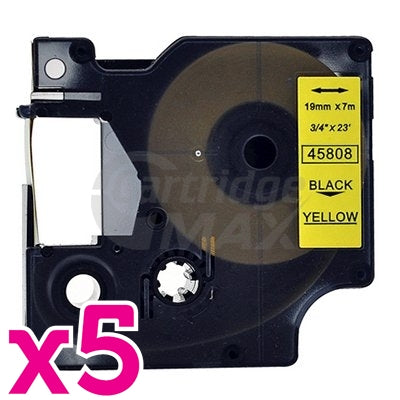 5 x Dymo SD45808 / S0720880 Generic 19mm Black Text on Yellow Label Cassette - 7 meters