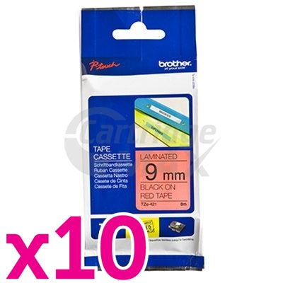 10 x Brother TZe-421 Original 9mm Black Text on Red Laminated Tape - 8 meters