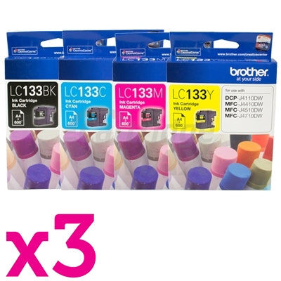 12 Pack Original Brother LC-133 Ink Cartridges [3BK+3C+3M+3Y]