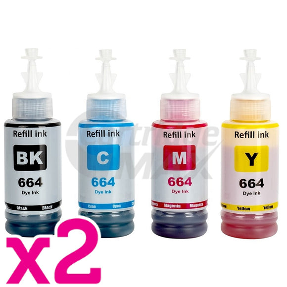 8-Pack Generic Epson T664 EcoTank Ink Bottles [2BK+2C+2M+2Y]