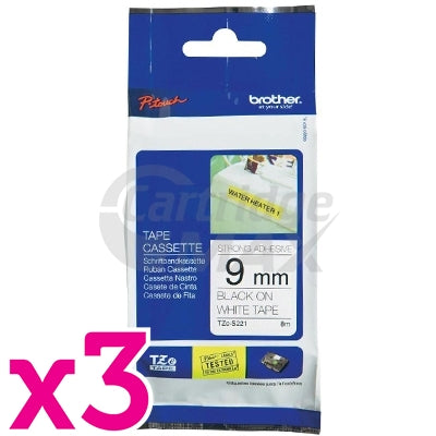 3 x Brother TZe-S221 Original 9mm Black Text on White Strong Adhesive Laminated Tape - 8 metres