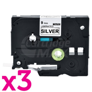 3 x Brother TZe-921 Generic 9mm Black Text on Silver Laminated Tape - 8 meters