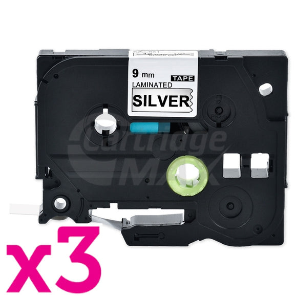 3 x Brother TZe-921 Generic 9mm Black Text on Silver Laminated Tape - 8 meters