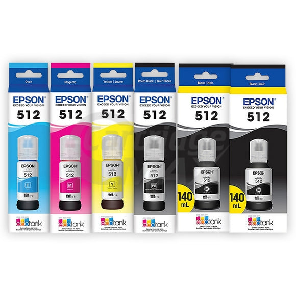 6-Pack Original Epson T512 EcoTank Ink Bottles [2BK,1PBK,1C,1M,1Y]