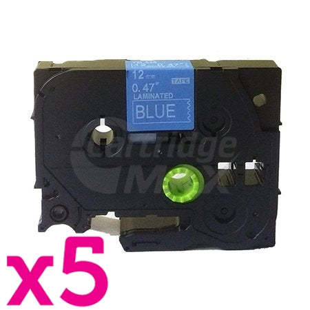 5 x Brother TZe-535 Generic 12mm White Text on Blue Laminated Tape - 8 meters