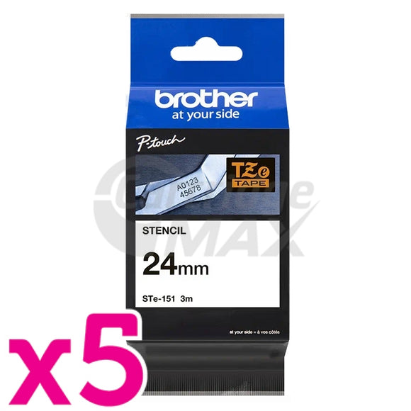 5 x Brother STe-151 Original 24mm Black Text on Clear Stencil Tape - 3 metres