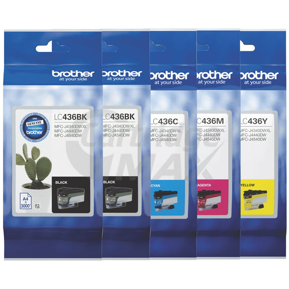 5 Pack Brother LC-436 Original Ink Cartridges Combo [2BK, 1C, 1M, 1Y]