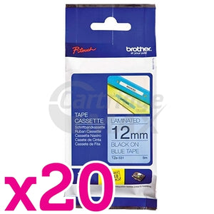 20 x Brother TZe-531 Original 12mm Black Text on Blue Laminated Tape - 8 meters