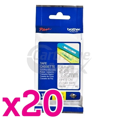20 x Brother TZe-135 Original 12mm White Text on Clear Laminated Tape - 8 meters