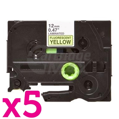 5 x Brother TZe-C31 Generic 12mm Black Text on Yellow Fluorescent Laminated Tape - 5 meters