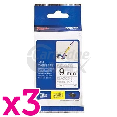 3 x Brother TZe-FX221 Original 9mm Black Text on White Flexible ID Laminated Tape - 8 metres